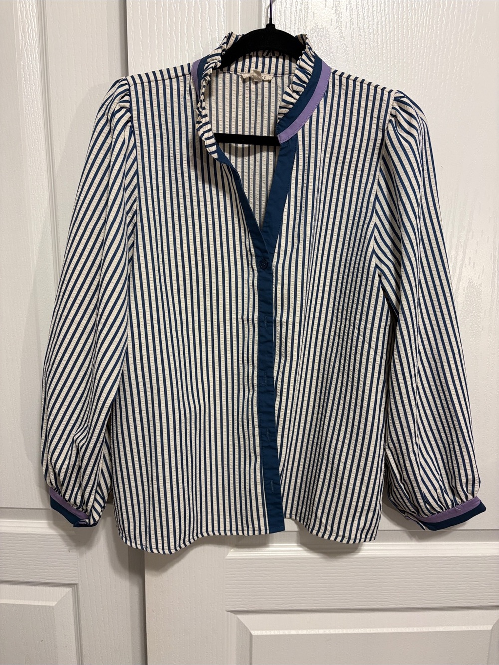 JODIFL Navy and White Striped Button-Down Blouse with Purple Accents